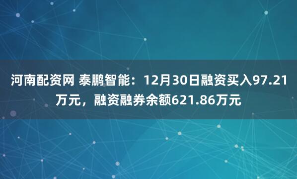 河南配资网 泰鹏智能：12月30日融资买入97.21万元，融资融券余额621.86万元